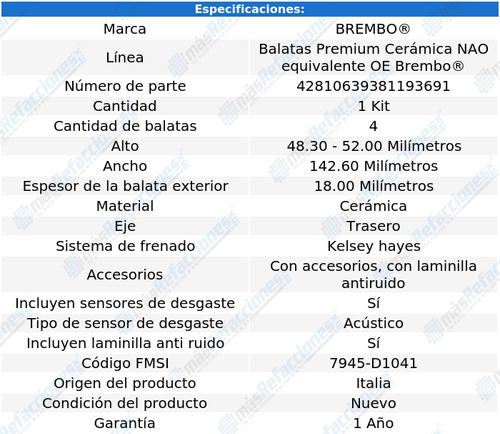 Balatas Traseras / Nissan Titan Base 2014 - 2015 Cermica Foto 3