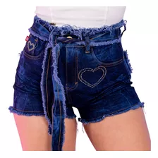 Short Jeans Feminino Amorosa Desfiado Com Cinto Fixo Coração