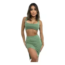 Conjunto Canelado Duas Peças Feminino Top E Saia Fenda