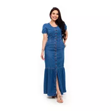 Vestido Jeans Longo Moda Evangelica De Manga Sem Lycra S3800