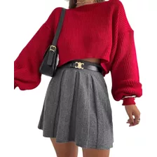 Saia Curta De Tricot Plissada Moda Rodada Colegial Inverno