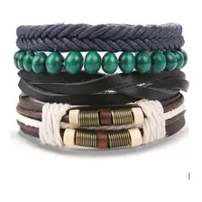 Conjunto De 4 Pulseras Cuero Y Cuentas De Madera