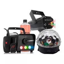 Kit Iluminação Para Festa De Aniversario Djs Máquina De Fumaça 600w Rgb Projetor Holografio Globo Mágico Sensor Ritmo 