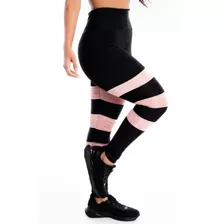 Calça Legging Fitness Academia 3 Listras Preta Com Rose