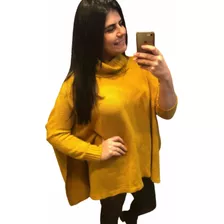 Poncho Feminino De Trico Mousse Manga Longa Com Gola