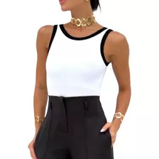 Regata Básica Feminina Preto Branco Borda Bicolor Moda Verão