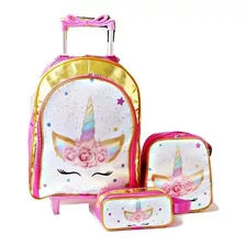 Mochila Rodinhas Lancheira Estojo Unicornio Flores Rosa Kit