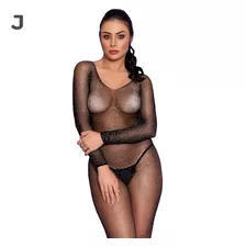 Macacão Arrastão Bodystocking Luxo Strass Manga Longa Brilho