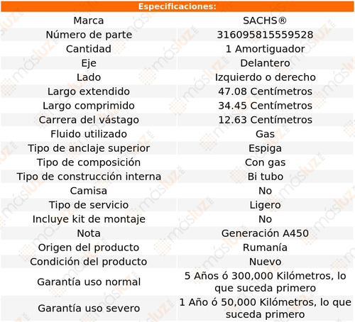 1- Amortiguador Gas Delantero Izq/der Fortwo 05/06 Sachs Foto 2