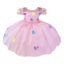 Vestido Infantil Rosa C/ Aplique Borboletas Flores Pérolas