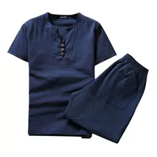 Conjunto De Lino De Algodón Para Hombre Camiseta De Manga Co