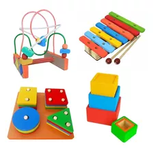 Kit Com 4 Brinquedos Educativos De Madeira Primeira Infância