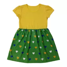 Vestido Infantil Estampa Corações Verde Amarelo 1 A 12 Anos