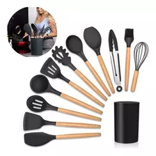 Kit Cozinha 12 Peças Silicone Resistente Cabo De Madeira Cor Preto