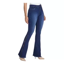 Calça Jeans Flare Cintura Alta Com Lycra Zíper Na Lateral