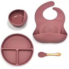 Set De Utensilios Para Bebe De Silicona Babero Plato Cuchara Color Rosa Liso