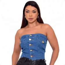 Blusa Top Cropped Jeans Tomara Que Caia C/ Botões Frontal