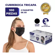 Cubrebocas Hokins Negro 100 Piezas Termo Sellado Tricapa