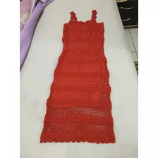 Vestido De Croche Vermelho Com Detalhes Em Rosa E Miçanga