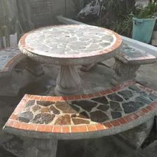 1 Juego De Mesa Y Bancas De Concreto Para Jardin Piedra Laja