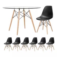 Kit Mesa Eames Wood 120 Cm Tampo Vidro 6 Cadeiras Eiffel Cor Da Tampa Preto