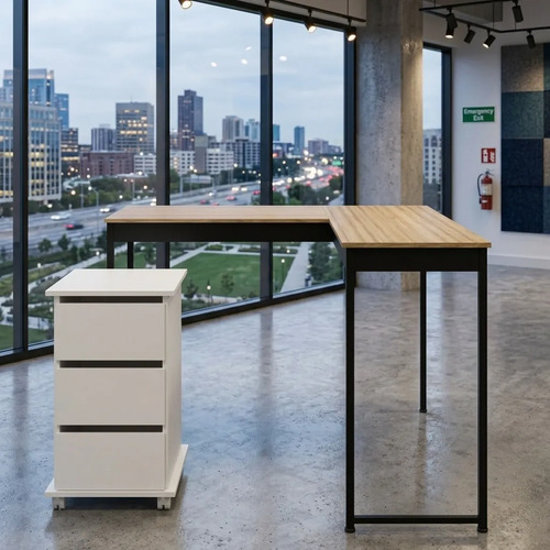 Mesa Escrivaninha Canto L Com Gaveteiro Funcional E Compacto Branco