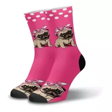 Meia Cano Alto Estampada Pug Rosa