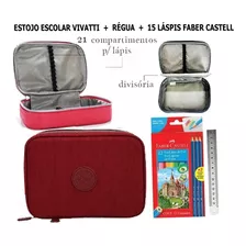 Kit Estojo Escolar + Régua + 15 Lápis Faber Castell