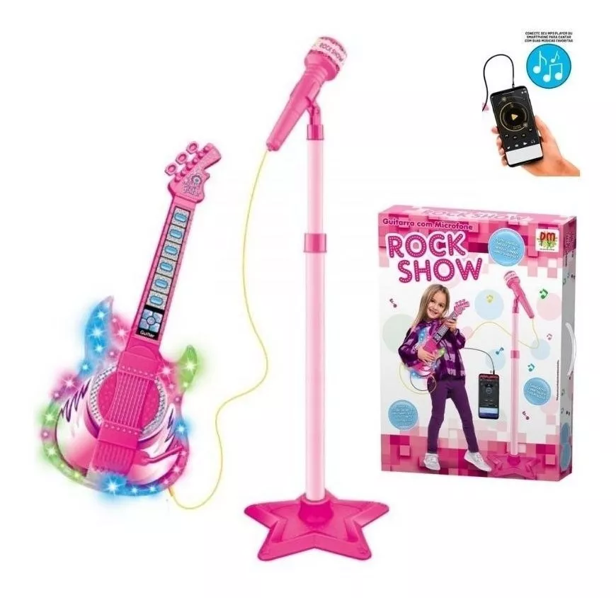 Microfone Com Guitarra Infantil Som E Luz Meninas Rock Show