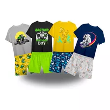 Kit 8 Peças De Roupa Infantil Masculino 4 Camisas + 4 Shorts