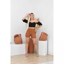 Short Cintura Alta Bengaline Curto Com Bolsos E Cinto Verão