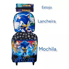 Mochila Escolar Pequena Sonic Com Lancheira Estojo -rodinha