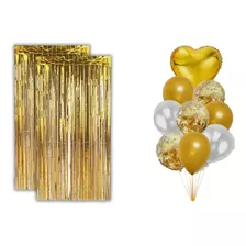 2 Cortinas Metalizadas E 9 Balões Látex E Metalizado-dourado