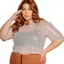 Cropped Blusa Plus Size Todo Em Paetê Camiseta Brilhoso Cp