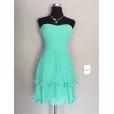 Po Vestido Verde Agua De Gasa Plisado, Strapless, Talla S/38