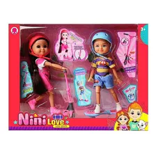 Muñeca Nini Love Por 2 Con Patineta Y Monopatín Juguete