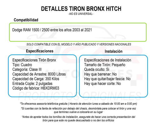 Tiron Jalon Remolque Dodge Ram 1500 / 2500 2003-2019 Bronx Foto 7