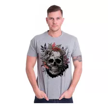 Camiseta Masculina Caveira Rock Flores Rosas Cinza Moda Top