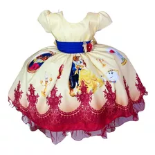 Vestido Infantil Bela E A Fera Amarelo Broche Flor Princesa