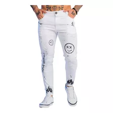 Calça Jeans Skinny Branca Silk Emoji Destroyed Masculina