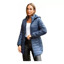 Campera Larga Con Piel, Color Azul, Talle M, Elegante Y Fina