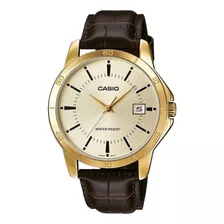 Reloj Pulsera Casio Enticer Mtp-v004 De Cuerpo Color Dorado, Analógico, Para Hombre, Fondo Dorado, Con Correa De Cuero Color Marrón, Agujas Color Dorado, Dial Negro, Minutero/segundero Negro, Bisel Co