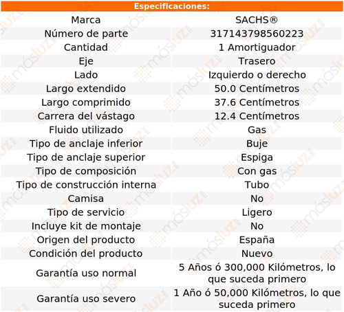 1- Amortiguador Gas Trasero Izq/der C280 97/00 Sachs Foto 2