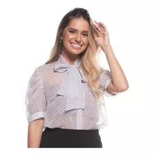 Blusa Feminina Poá Angelical Transparente Manga Bufante Laço