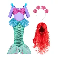 Disfraz De Sirena Para Niñas Talla 3 Con Diadema Y Peluca