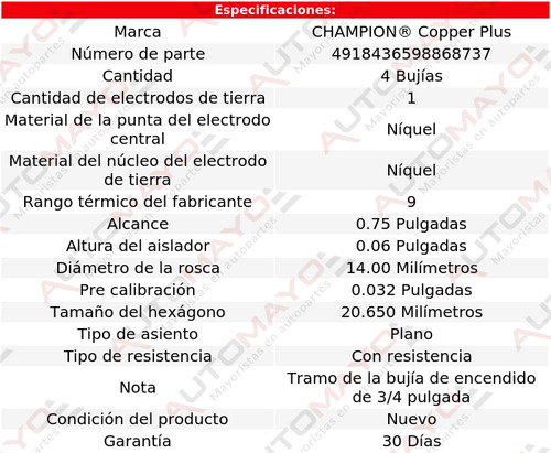 Kit 4 Bujas Cobre Champion 125 1.3l L4 61-67 Foto 2