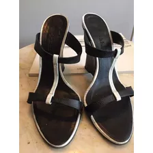 Sandalias Italianas-negro/blanco Cuero - Taco Corrido - 37