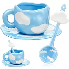 Taza De Nube De Cerámica Cuchara Y Platillo Lindo De F...