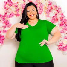 Tshirt Feminina Camiseta Lisa Básica Plus Size Decote Gola V