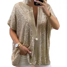 Camisa De Cuello En V Con Lentejuelas De Moda Para Mujer